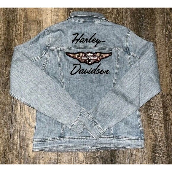 NEW HARLEY DAVIDSON EMBROIDERED WOMEN'S M SILVER WING STRETCH BLACK DENIM JACKET - Picture 7 of 12